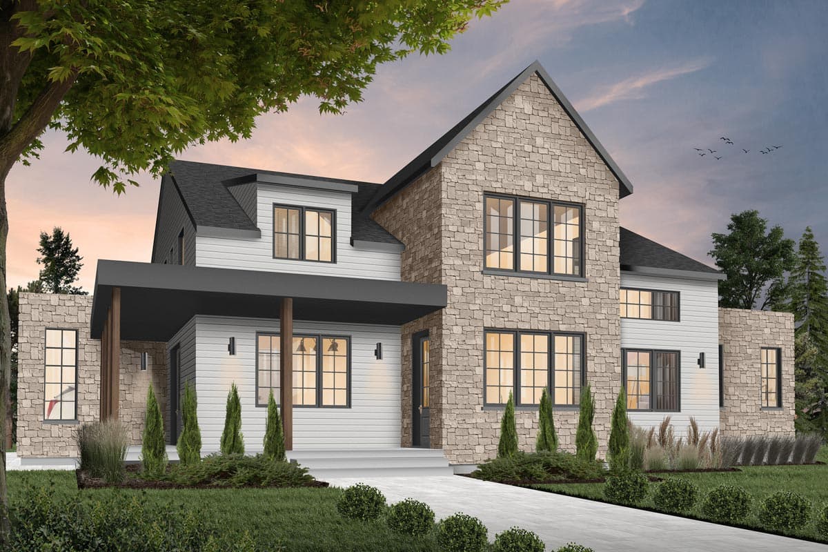 House plan exterior with stone and siding, two stories, covered porch, and gabled roof. Windows have dark trim.