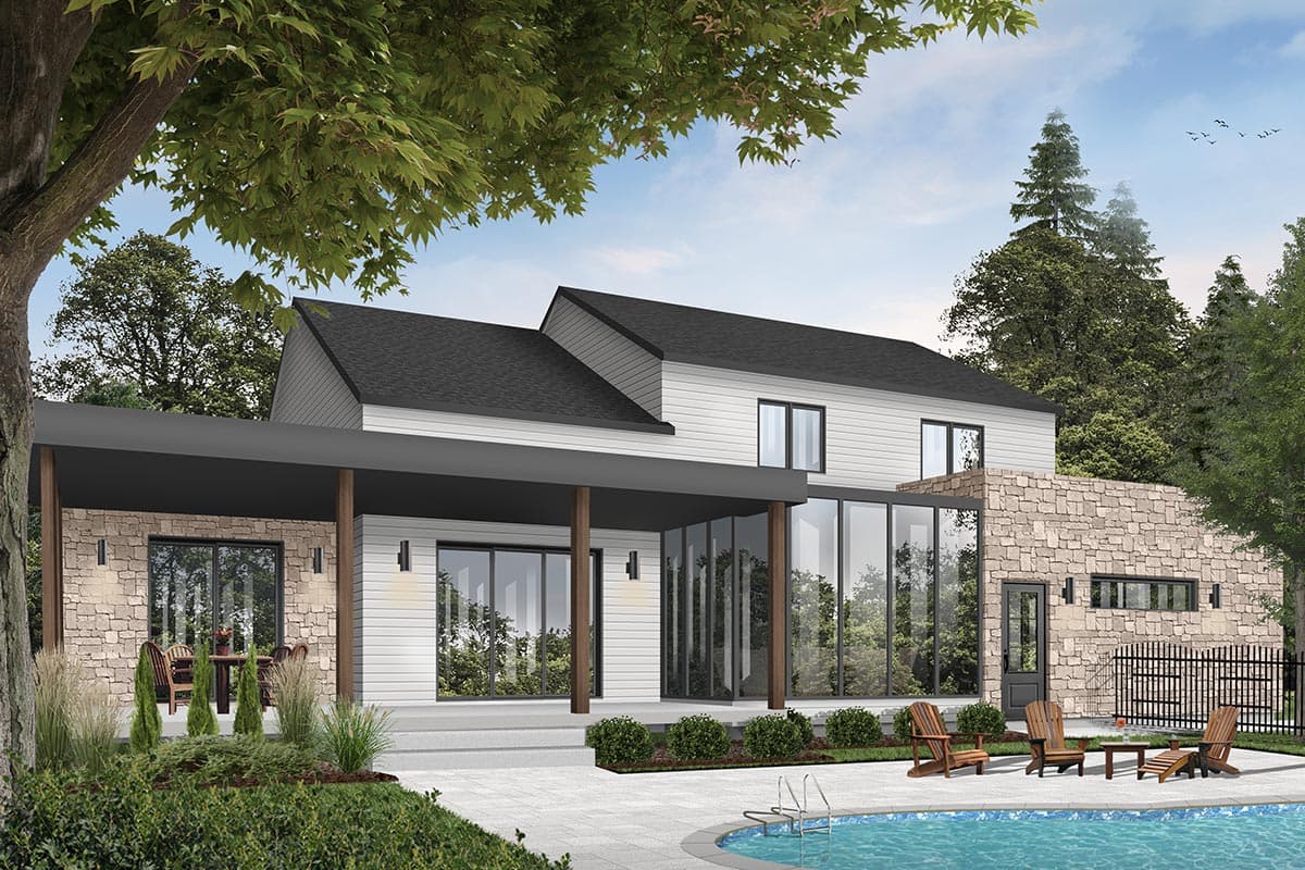 Modern house plan exterior with stone accents, covered patio, extensive glass walls, and a gabled roof.
