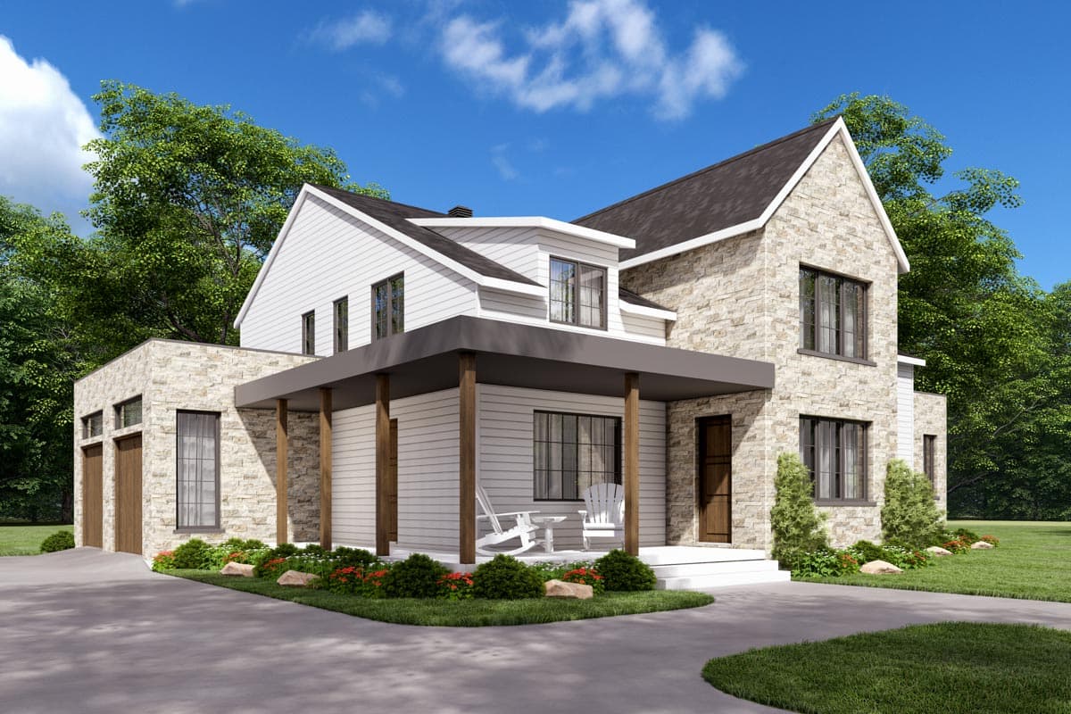 House plan exterior showing a two-story Modern Farmhouse with stone accents, covered porch, gables, and a side-facing garage.