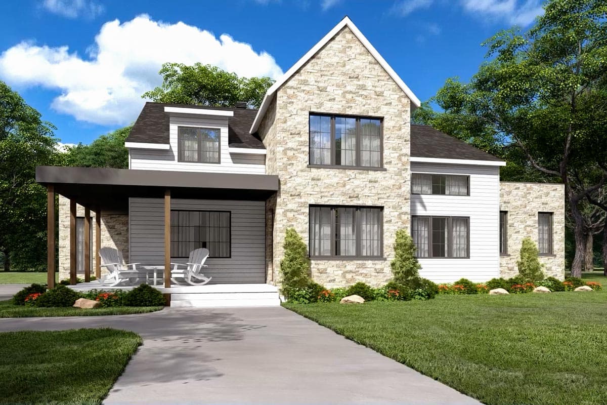 House plan exterior: Two-story home with stone and horizontal siding, covered front porch, gabled dormer, and asphalt shingle roof.