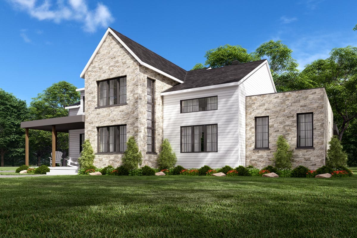 Two-story house plan exterior with stone and horizontal siding, prominent gable, and covered porch.
