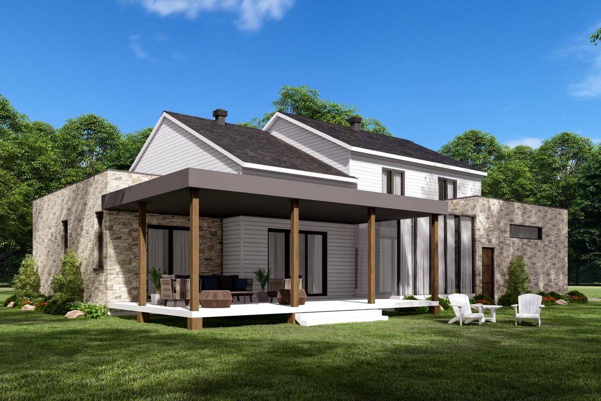 House plan exterior: Two-story contemporary home with stone and horizontal siding, covered patio, and multiple gables.