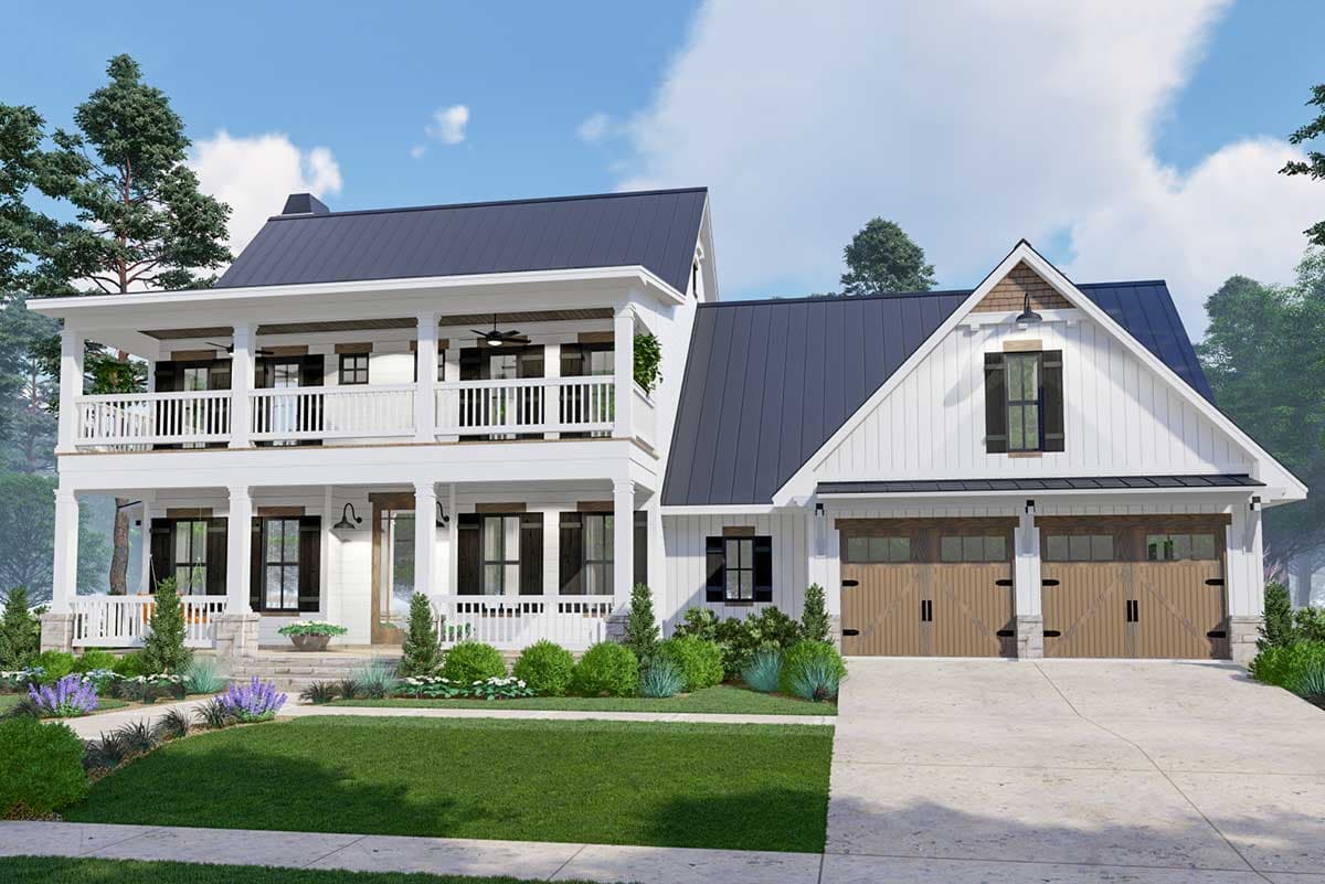 Modern Farmhouse style house plan exterior with two stories, wrap-around porches, and a detached three-car garage.