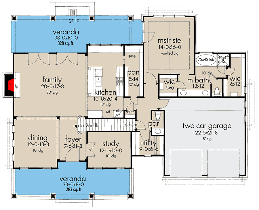 Plan 16907WG: Nouveau Southern-Style House Plan with Stacked Porches Front and Back - 2458 Sq Ft - Floor Plan - Main Level - Country, Farmhouse, New American, New Orleans, Southern, Southern Traditional, Traditional