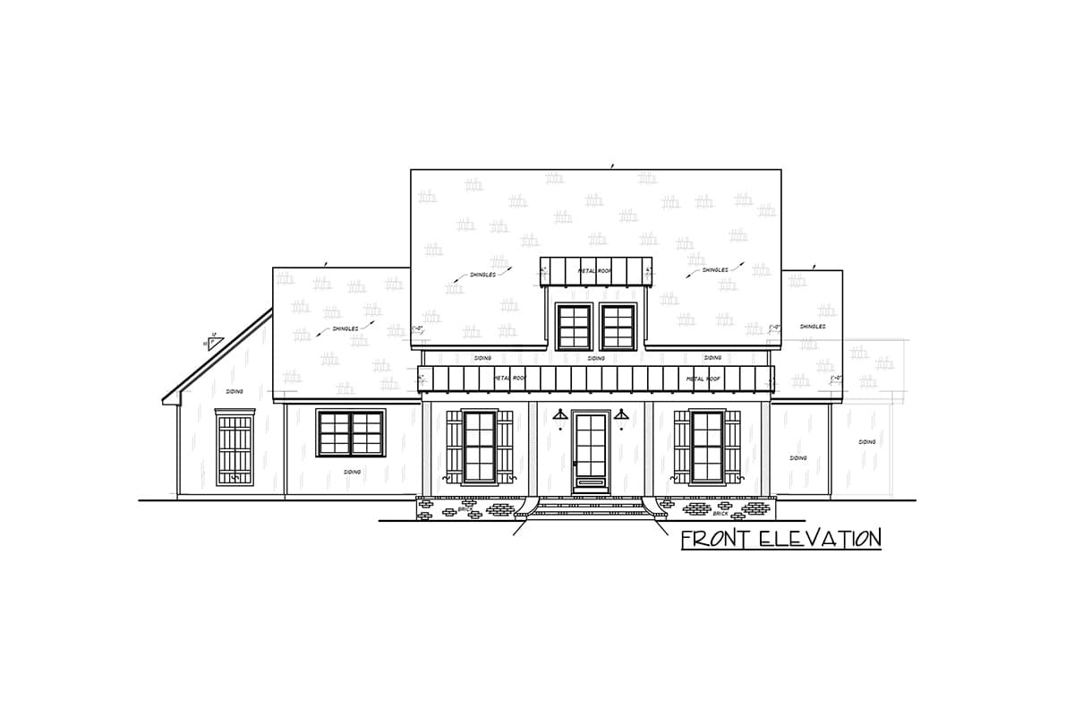 Front elevation house plan with a wide front porch, gabled dormers, and mixed rooflines.