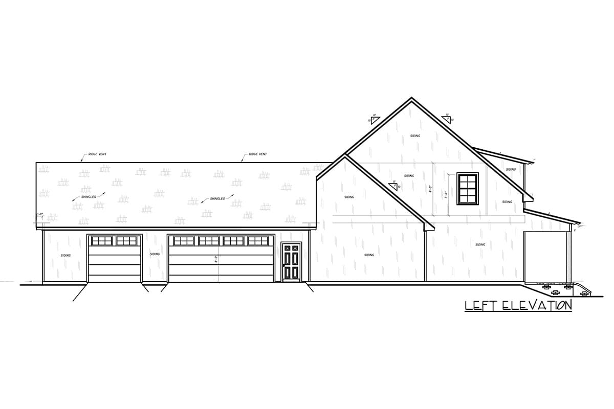 Left elevation drawing of a house plan featuring three garage bays, a front door, and varied rooflines.
