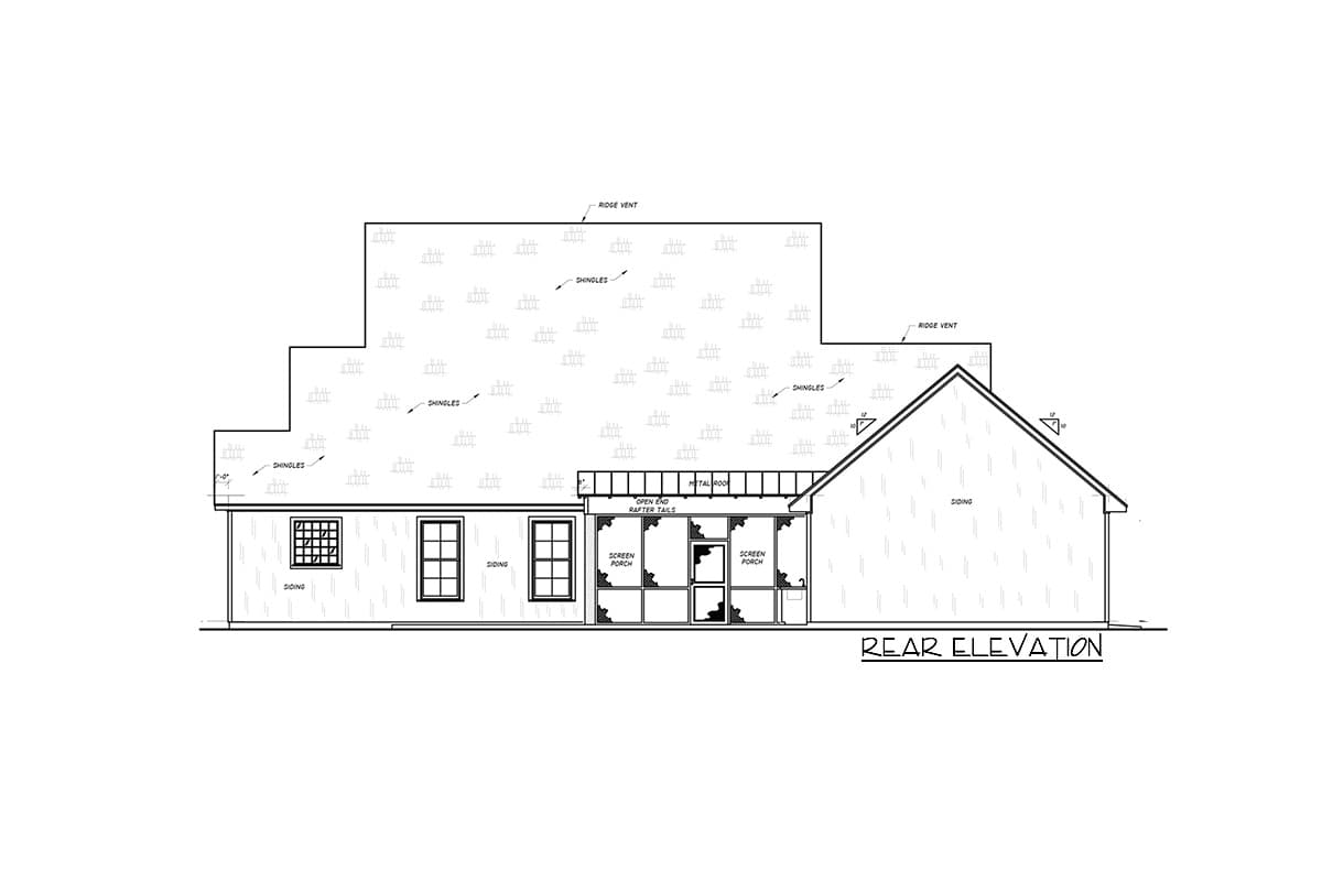 Rear elevation house plan showing siding, windows, and two screened porches with a metal roof over the central section.