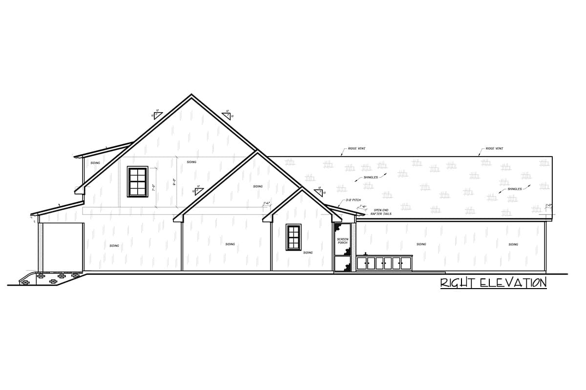 Right elevation house plan showing siding, a screen porch, multiple gables, and ridge vents.