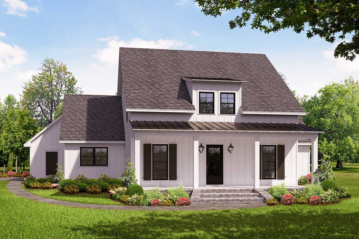 House plan exterior: Modern Farmhouse style, two stories, with a covered front porch, gables, and dormers.