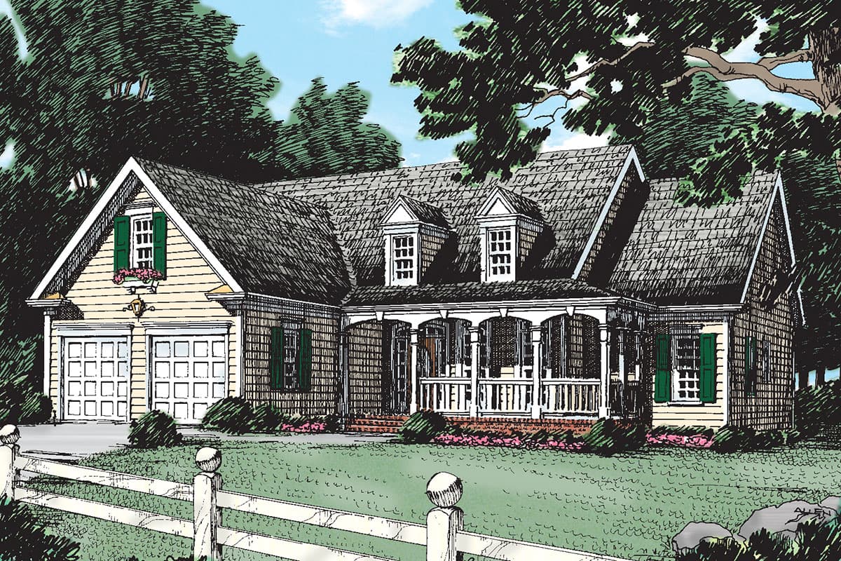 House plan exterior with Craftsman style. Features include a front porch, two dormers, and a two-car garage. Shingle siding and roof.