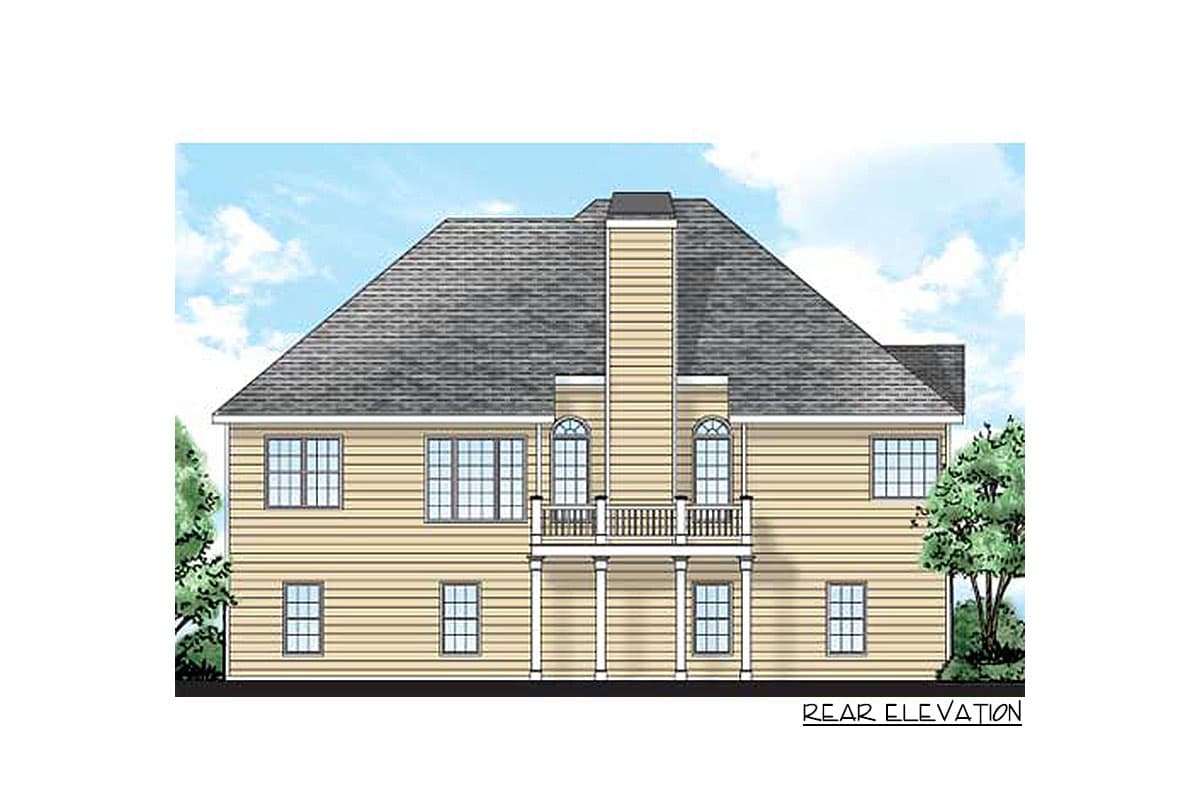 Rear elevation of a two-story house plan with a prominent chimney, second-story balcony, and multiple grid windows.