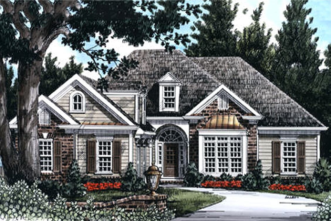 House plan exterior. Two-story home with a gabled roof, dormers, and a prominent front entry. Features brick and siding exterior with shutters.