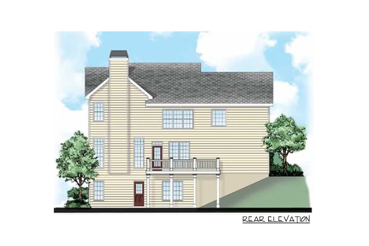 Rear elevation of a two-story house plan with a deck, chimney, and multiple windows.