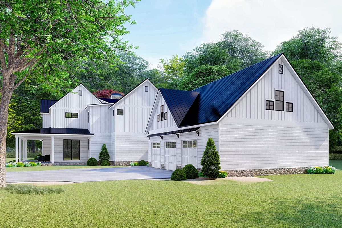 Modern Farmhouse house plan exterior with white siding, gables, a covered porch, and a three-car garage.