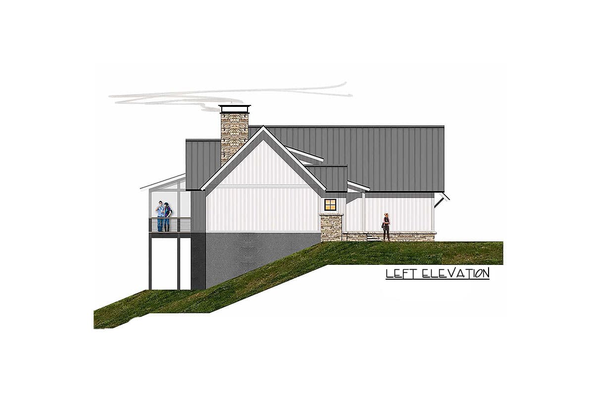 Left elevation house plan showing a modern farmhouse style with a stone chimney, metal roof, gables, and a covered porch.