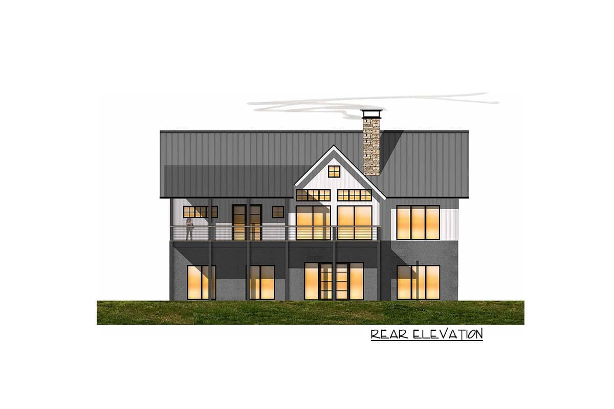 Rear elevation of a house plan featuring a metal roof, stone chimney, large windows, and a second-story balcony.