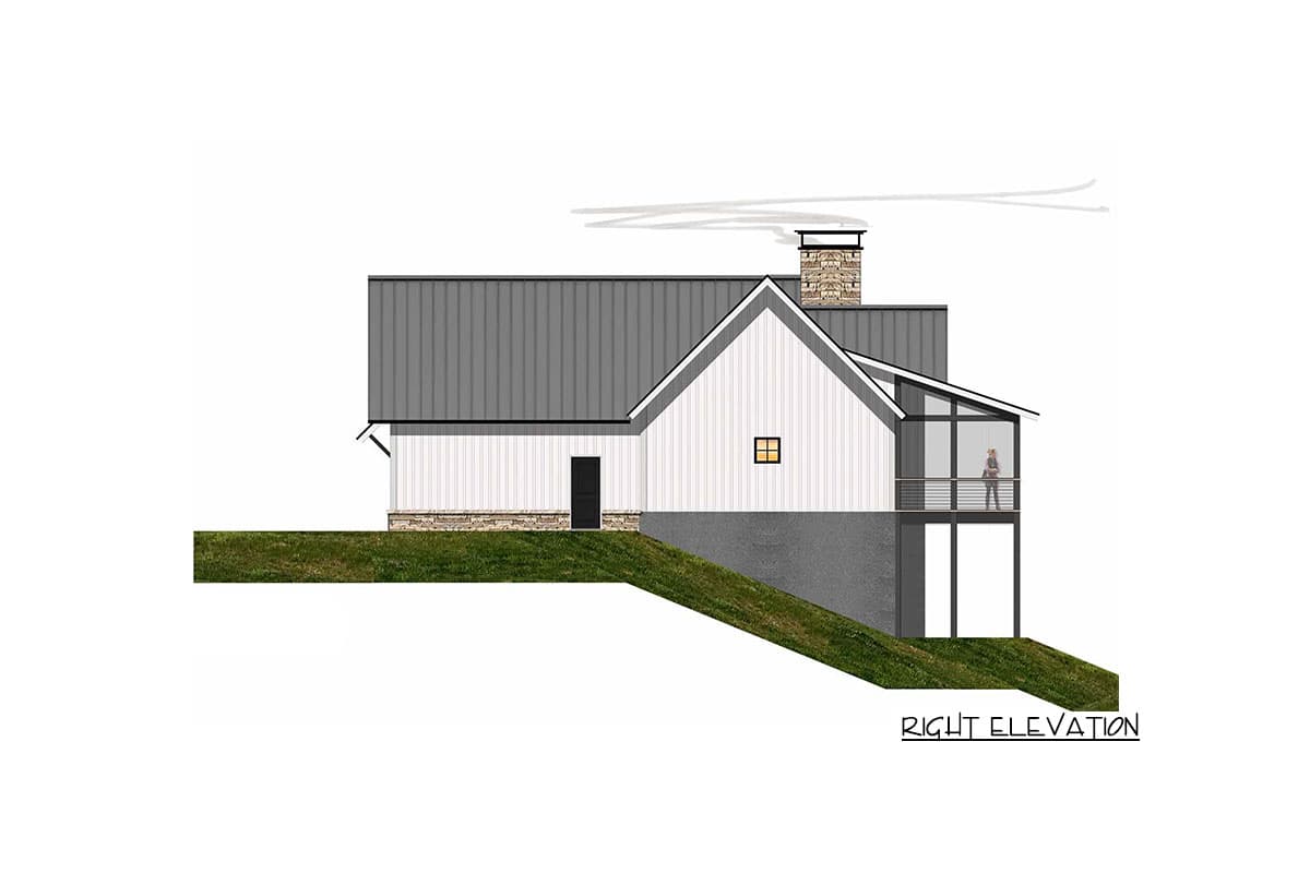 Right elevation of a Modern Farmhouse house plan, featuring a metal gable roof, stone foundation, and a screened-in porch.