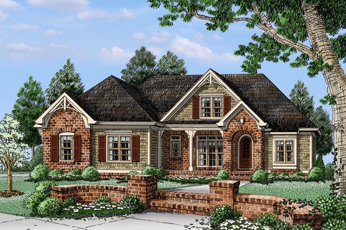 House plan exterior: single-story home with brick and shingle siding, covered porch, multiple gables, and arched entry.