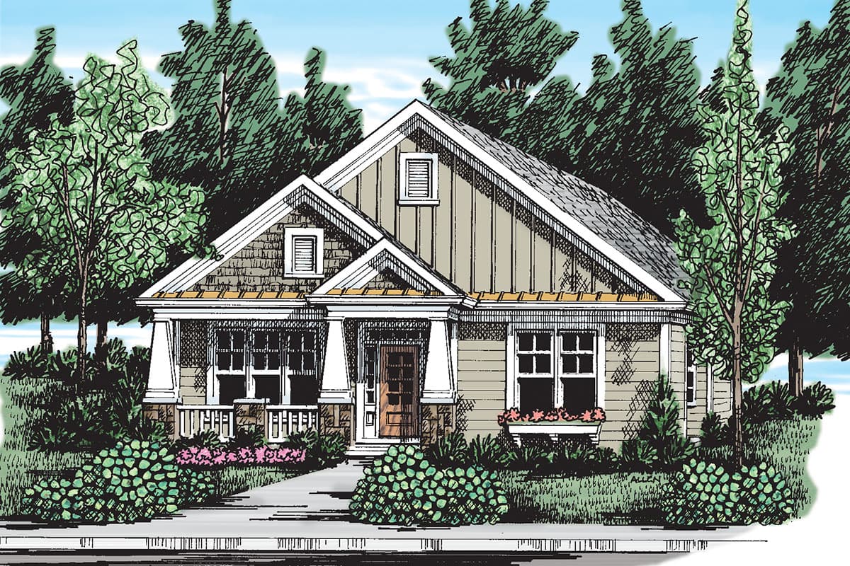 House plan exterior. Craftsman style, one-story. Features include a front porch, gables, and decorative trim. Board and batten siding.