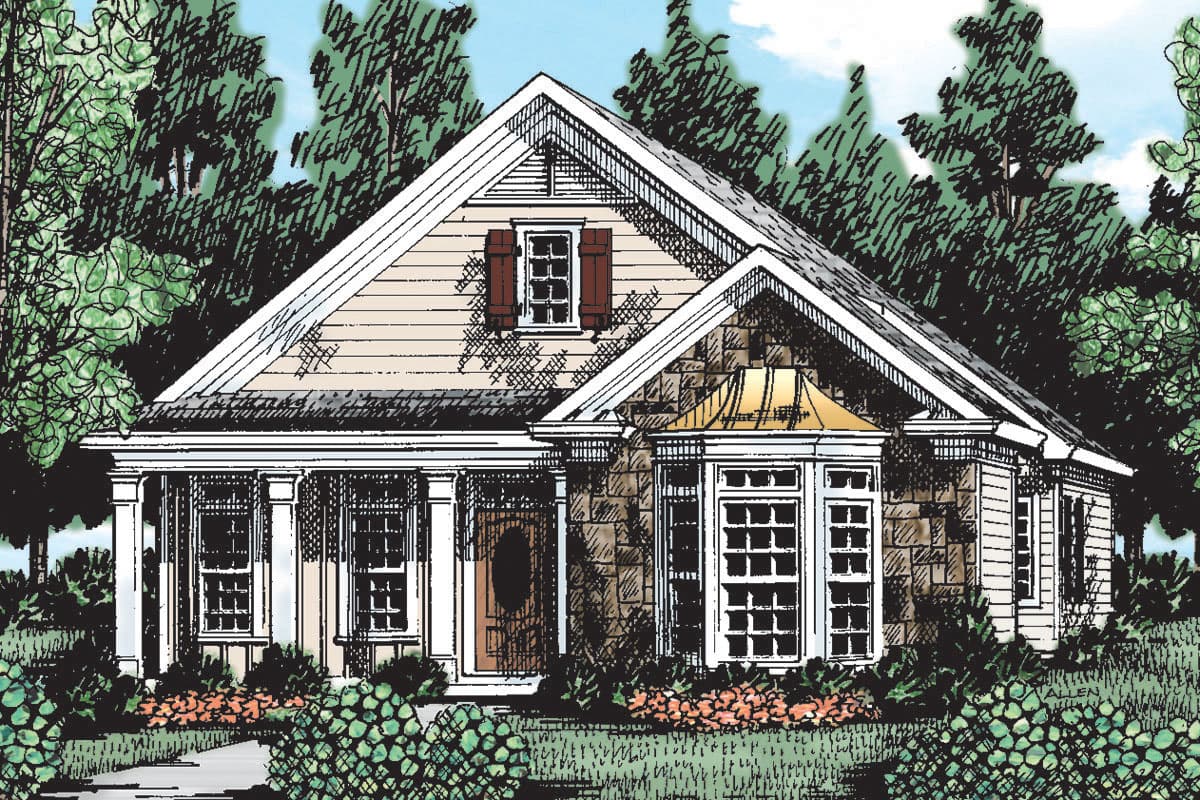 House plan exterior. Single-story Craftsman home with a gabled roof, prominent porch columns, and stone and shingle siding accents.