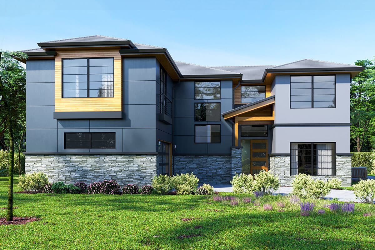 House plan exterior with modern design. Features include a two-story structure, flat rooflines, wood accents, and a covered entry. Stone veneer base.