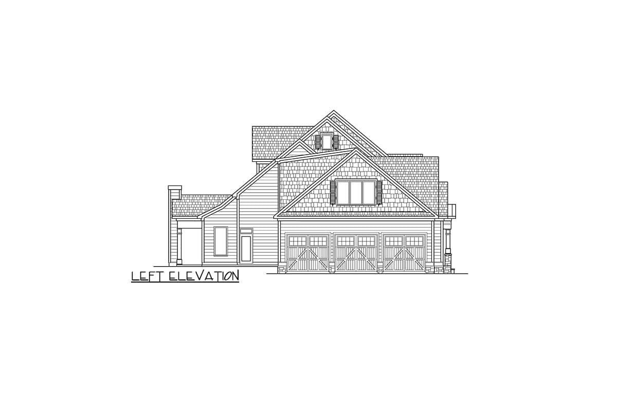 Left elevation house plan showing a multi-story house with a three-car garage and dormer windows.