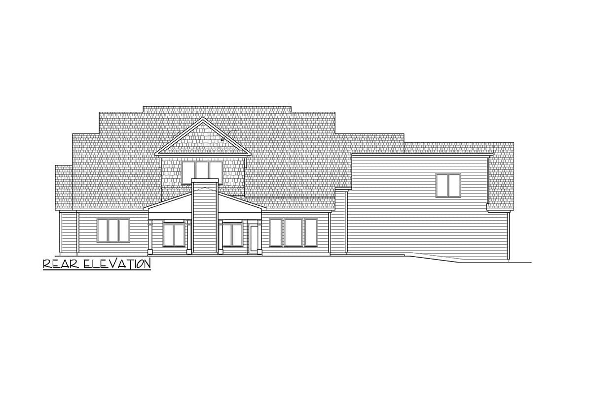 Rear elevation of a two-story house plan featuring multiple gables, a prominent central chimney, and a covered entrance.