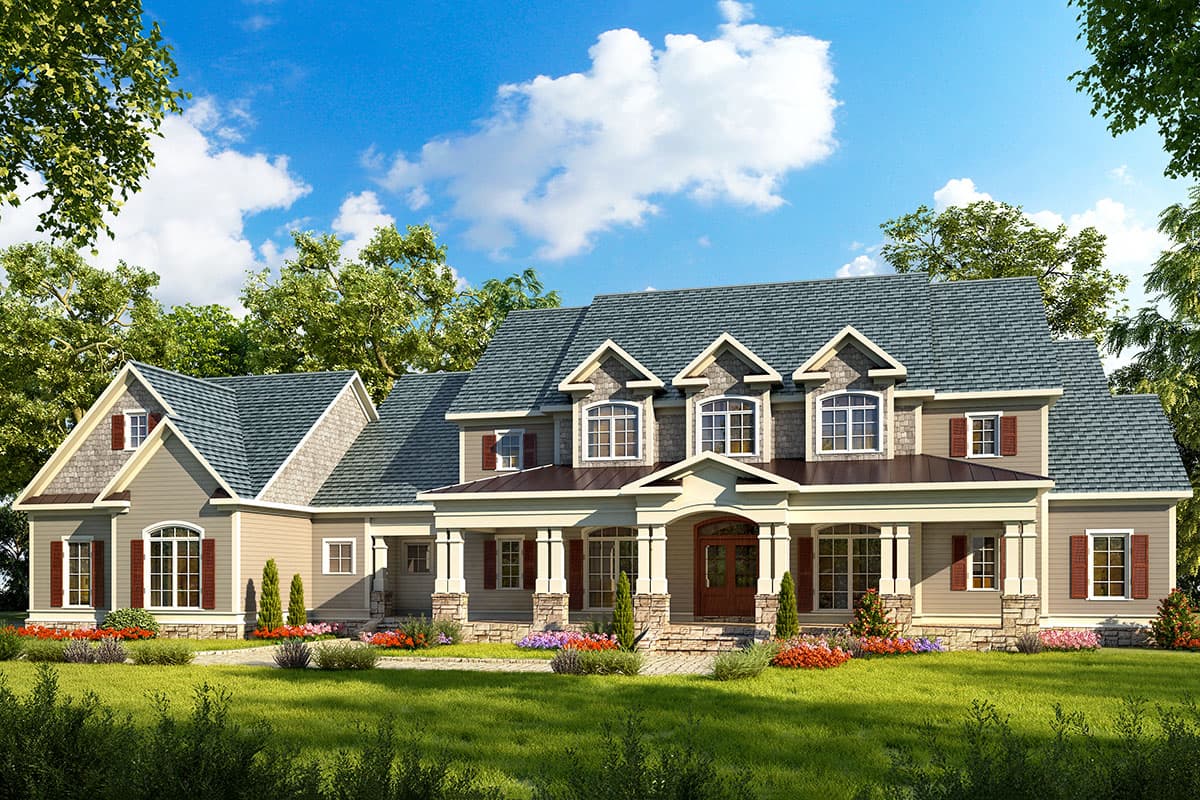 House plan exterior. Two-story home with a porch, gabled dormers, and a prominent front-facing gable roof. Features include stone accents.