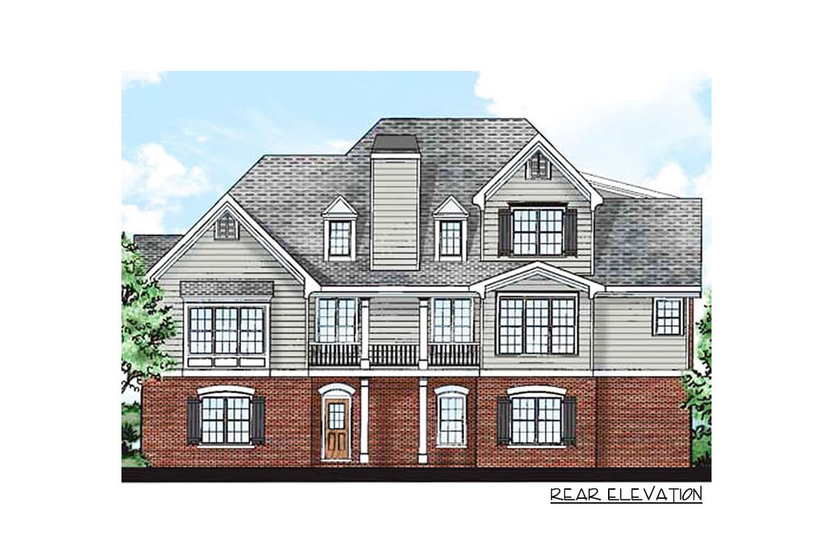 Rear elevation of a two-story house plan with brick foundation, siding, dormers, and a covered balcony.