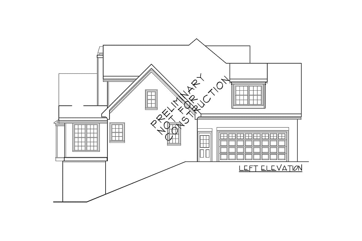 House plan left elevation drawing showing a multi-story structure with a pitched roof, bay window, and two-car garage.