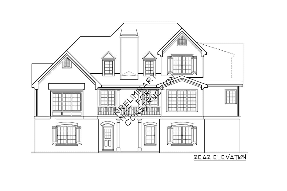 Rear elevation drawing of a house plan showing multiple gables, dormers, a covered balcony, and a prominent chimney.