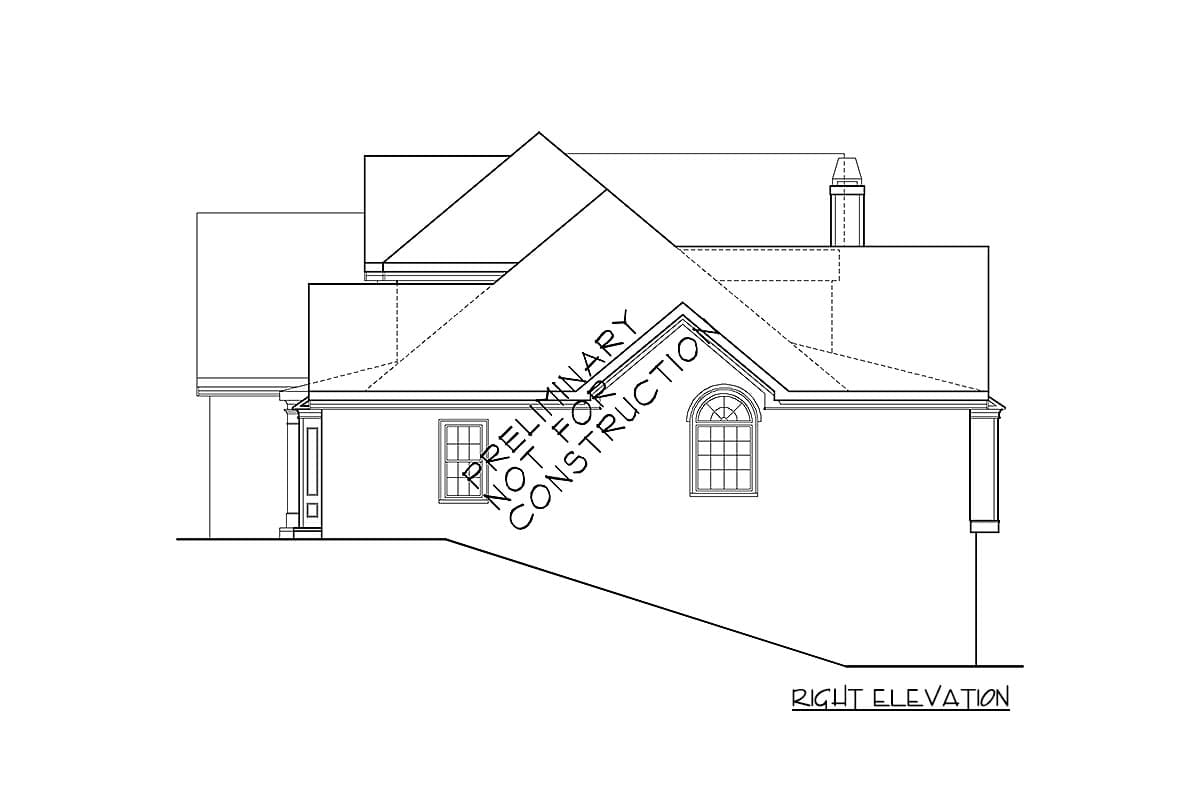 Right elevation of house plan showing multiple rooflines, a porch, and arched and rectangular windows.