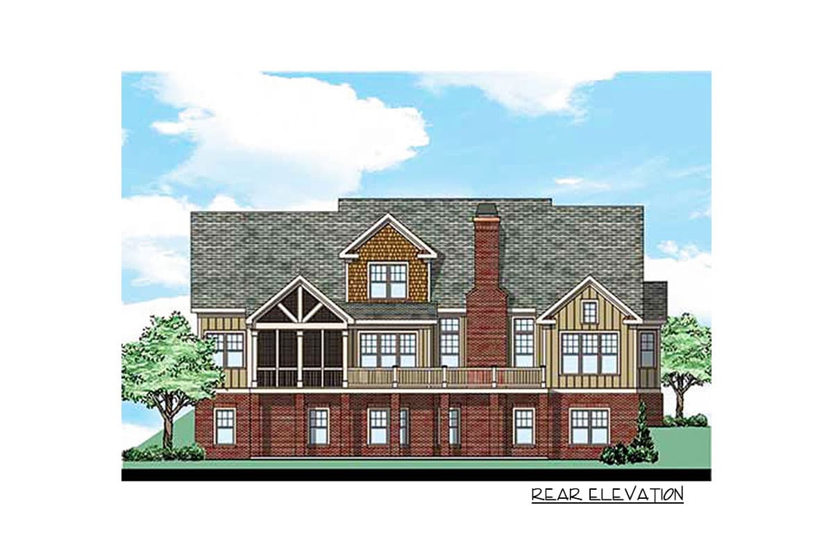 Rear elevation house plan with screened porch, multiple gables, dormers, and a prominent brick chimney.