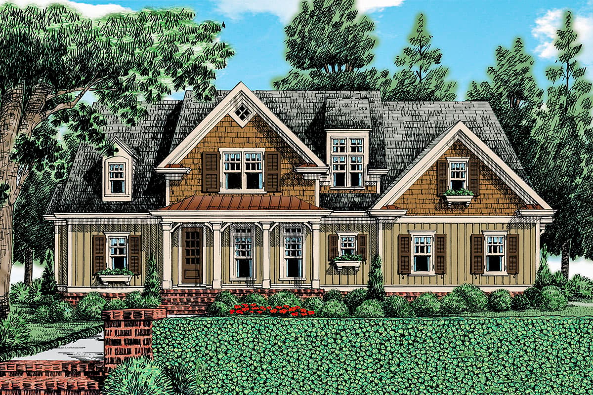 House plan exterior: Two-story dwelling with prominent gables, dormers, and a covered front porch with columns.