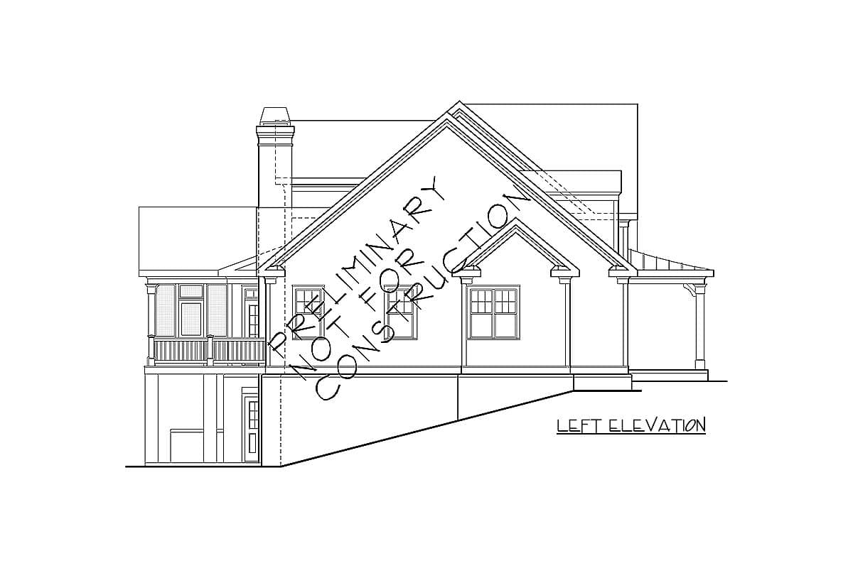 Left elevation house plan drawing showing a two-story home with a gabled roof, chimney, and covered porch.