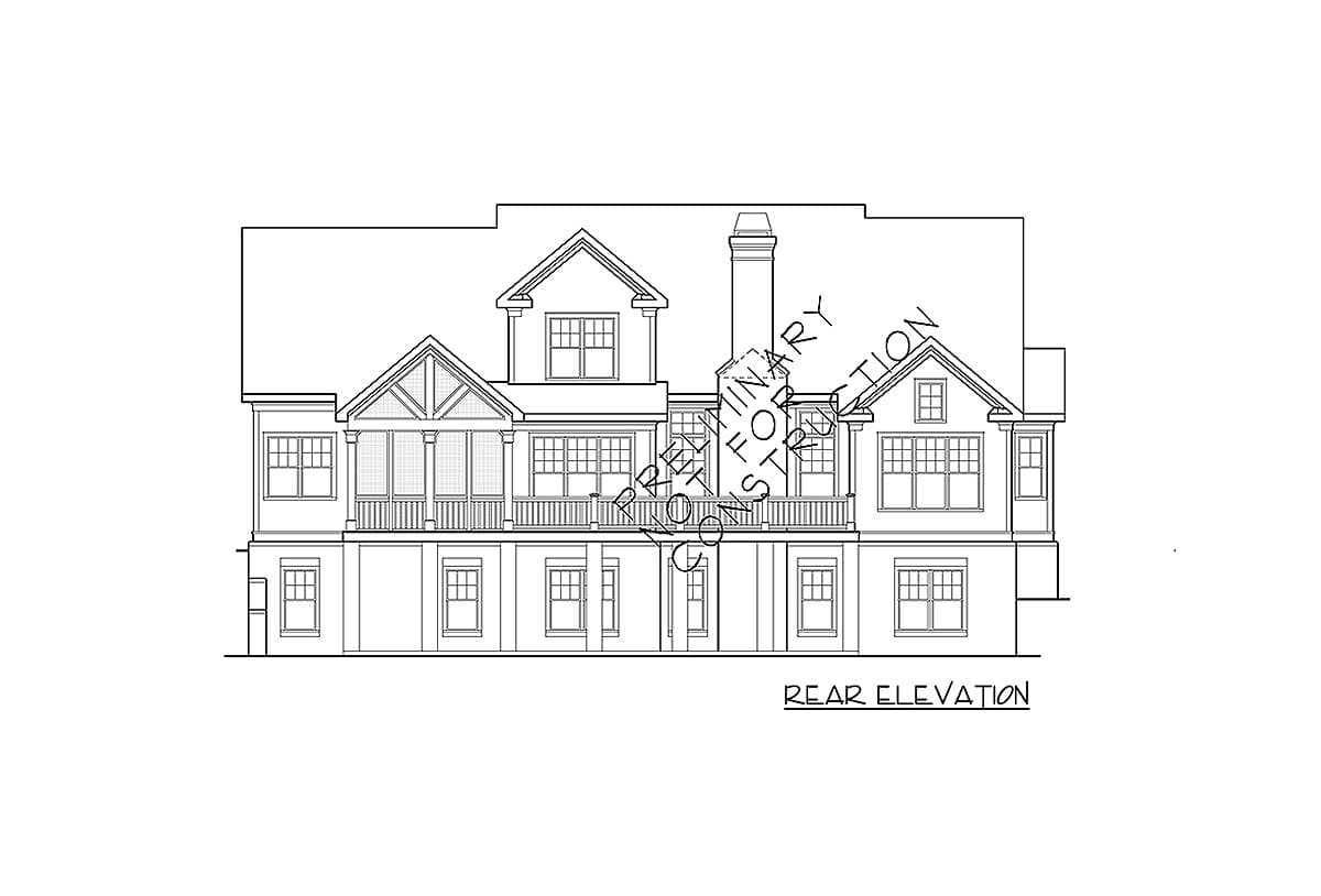 Rear elevation house plan showing a two-story structure with a porch, gables, and a prominent chimney.