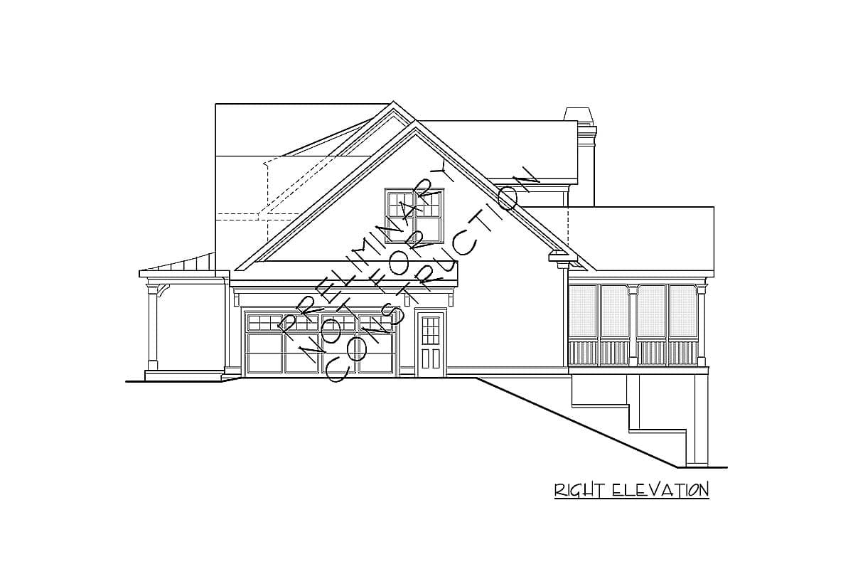 Right elevation drawing of a house plan showing a gable roof, dormer window, two-car garage, and screened porch.