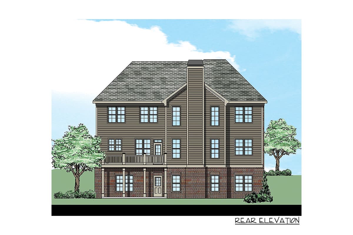 Rear elevation of a two-story house plan with a brick base, siding, and a prominent central chimney.