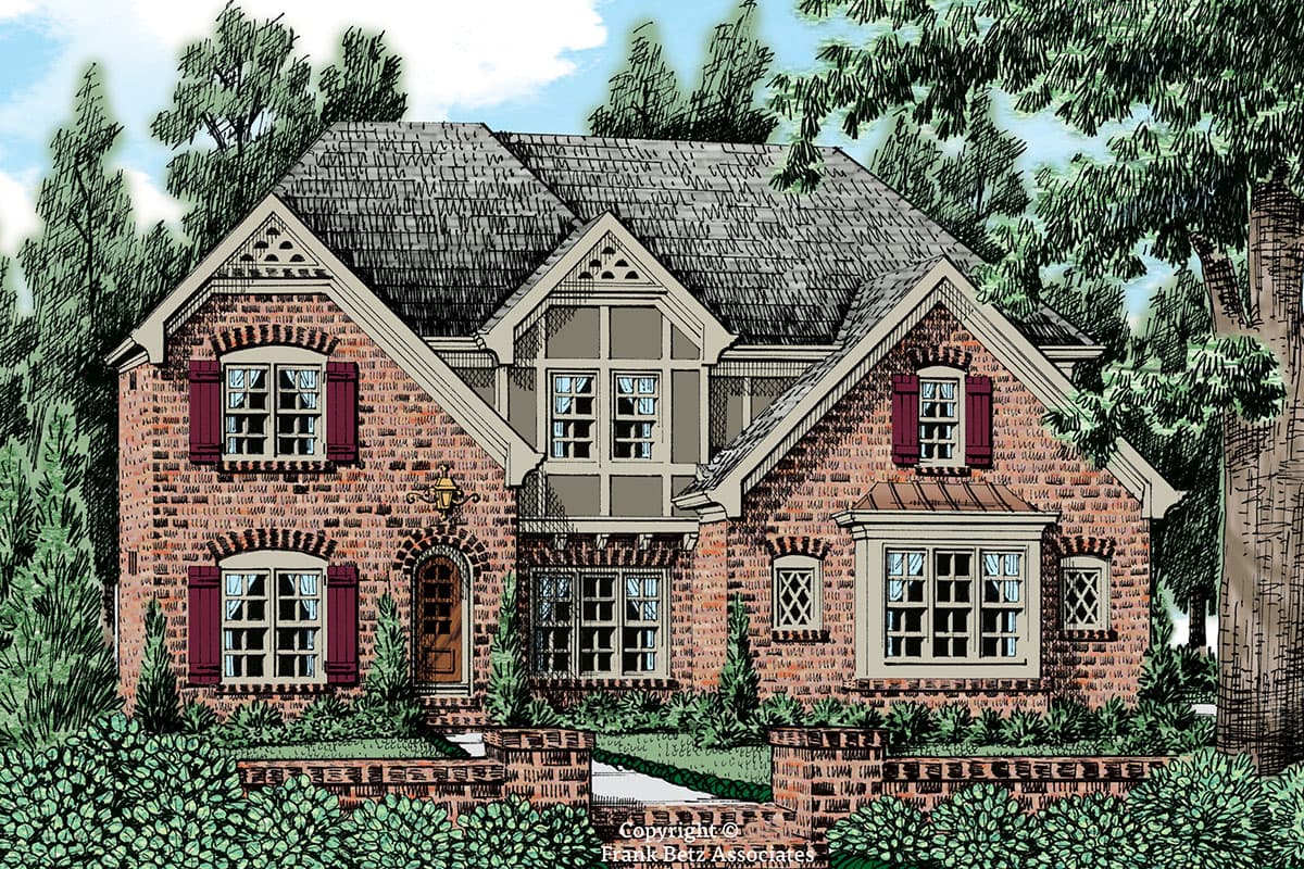House plan exterior with brick facade, multiple gables, arched entry, and a bay window.