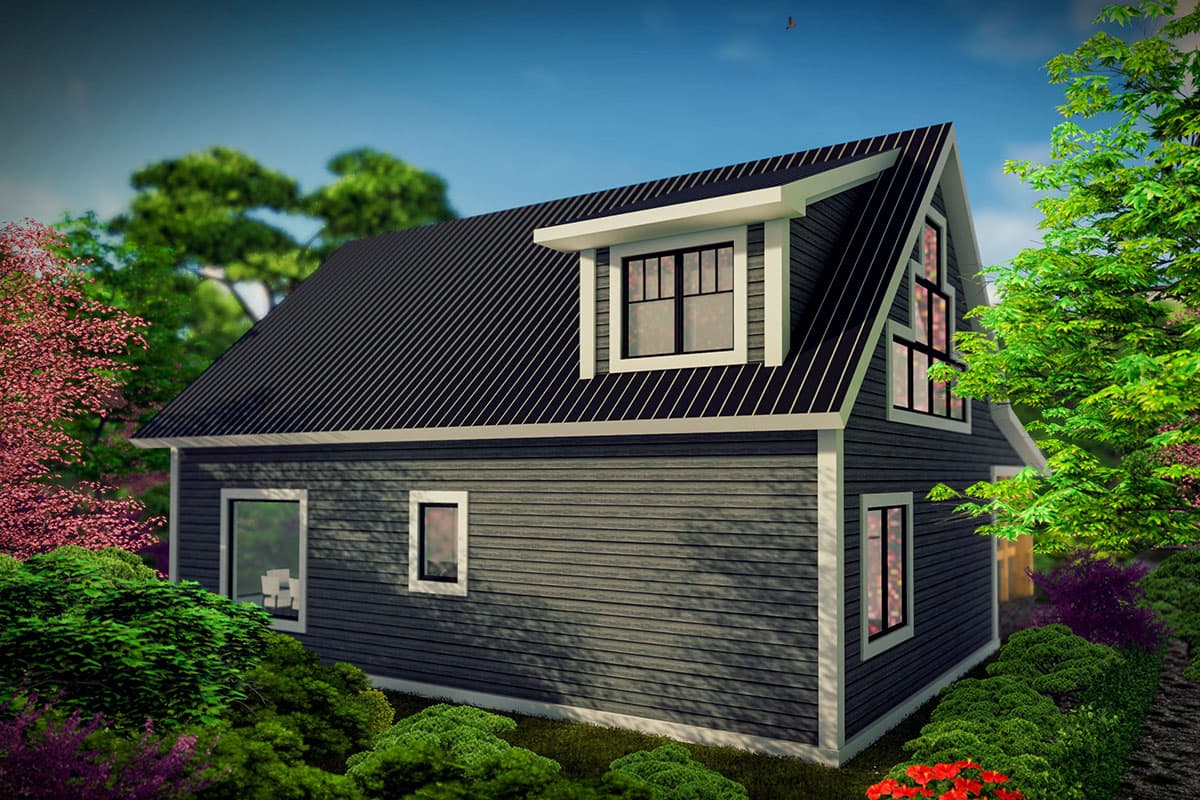 House plan exterior, two stories, dark siding, gabled roof with dormer, vertical and horizontal windows.