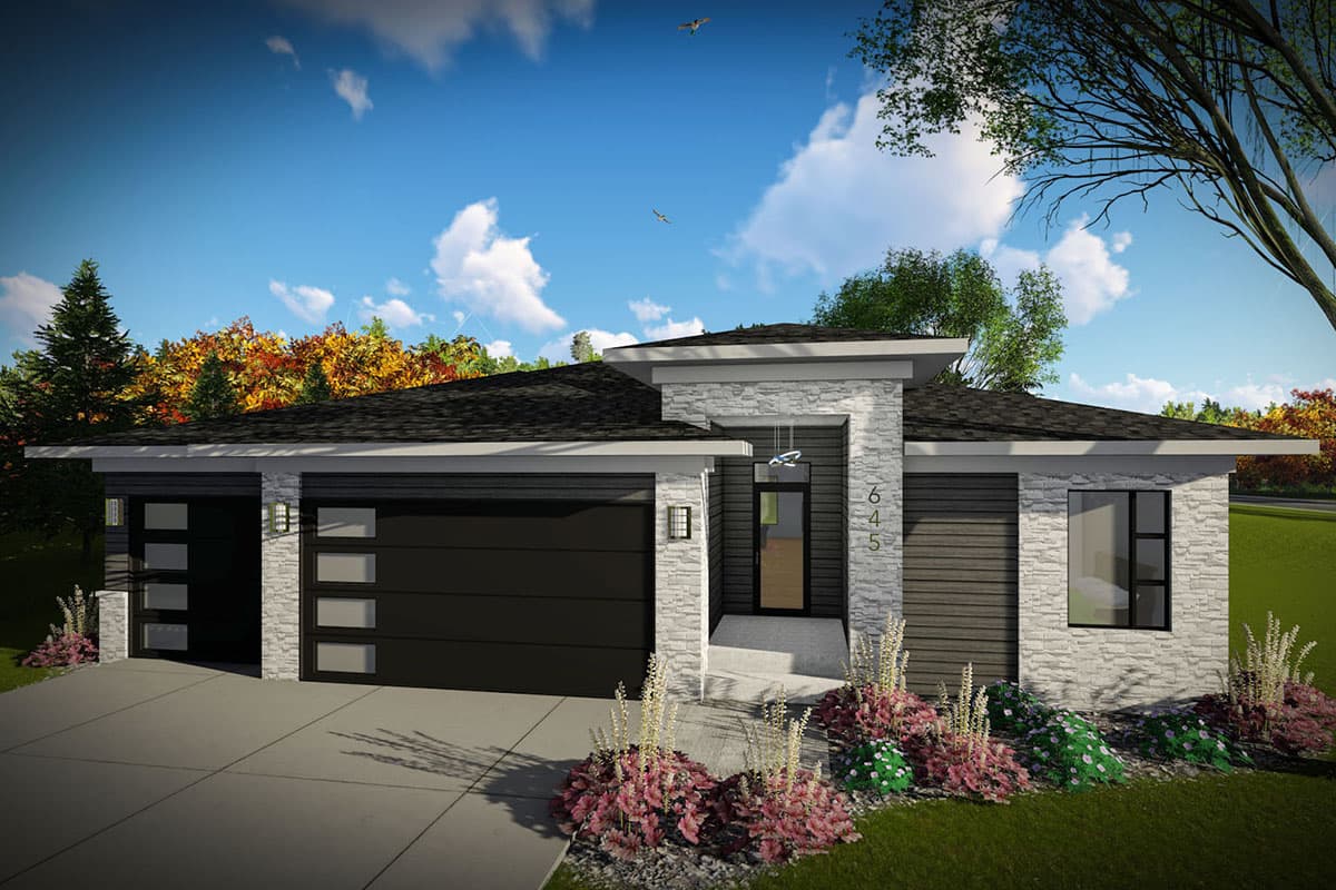 House plan exterior with modern design, single story, and attached garage. Features include a flat roof, stone facade, and horizontal siding.