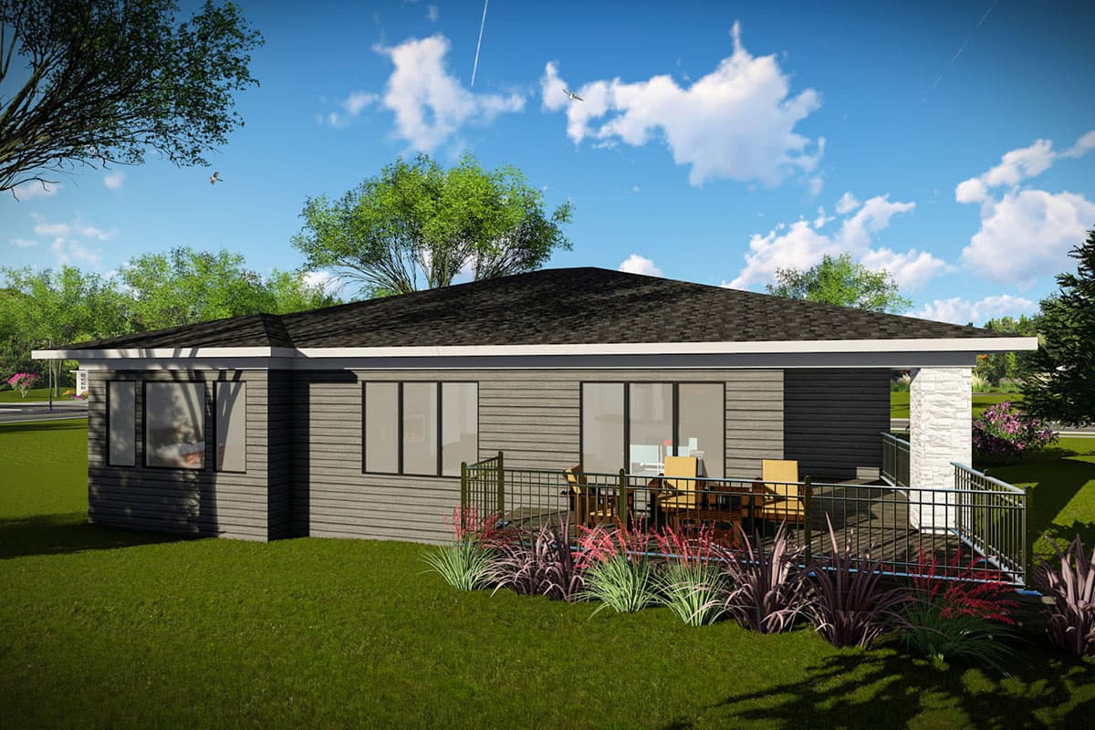 House plan exterior: single-story home with horizontal siding, large windows, and a covered deck with railing. Stone pillar accents exterior.