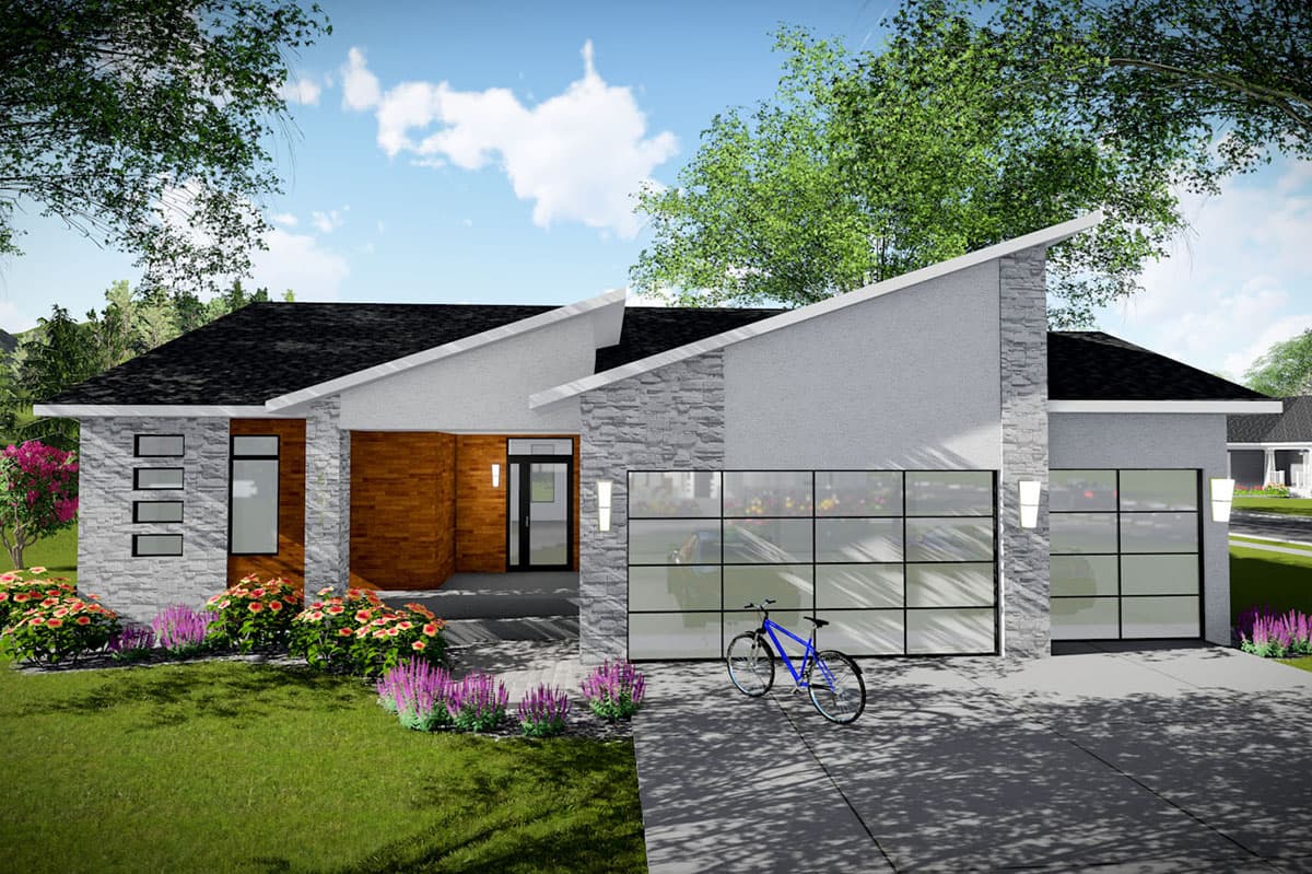 House plan exterior with a modern design featuring a single story, flat roof, and a two-car garage with a glass door.