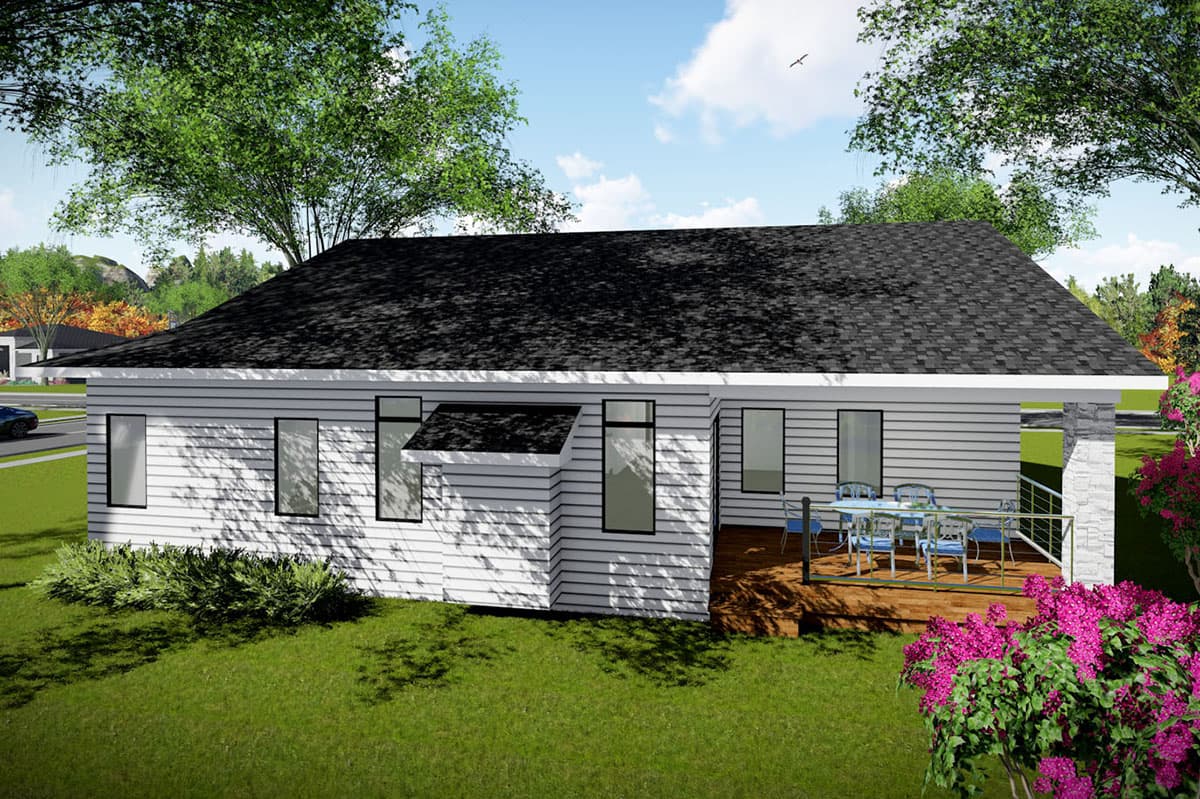 House plan exterior: single-story modern design with horizontal siding, dark asphalt shingle roof, and a wooden deck.
