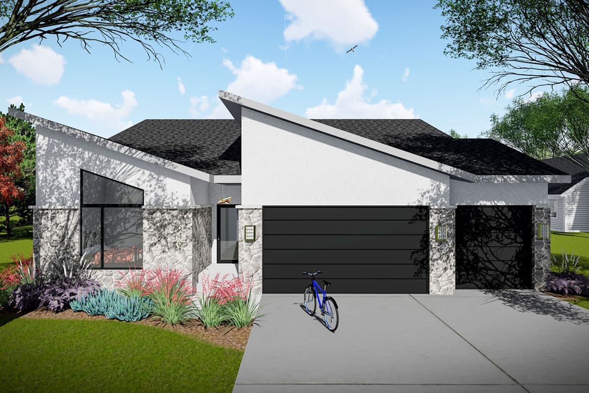 House plan exterior. Modern style with asymmetrical rooflines and a two-car garage. Features a stone facade and large picture window.