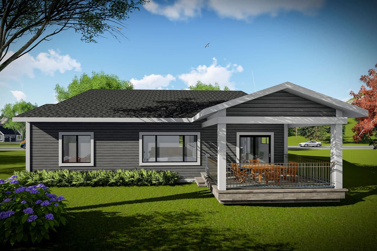 House plan exterior: single-story modern ranch with gable roof, covered front porch with railing, and horizontal siding.