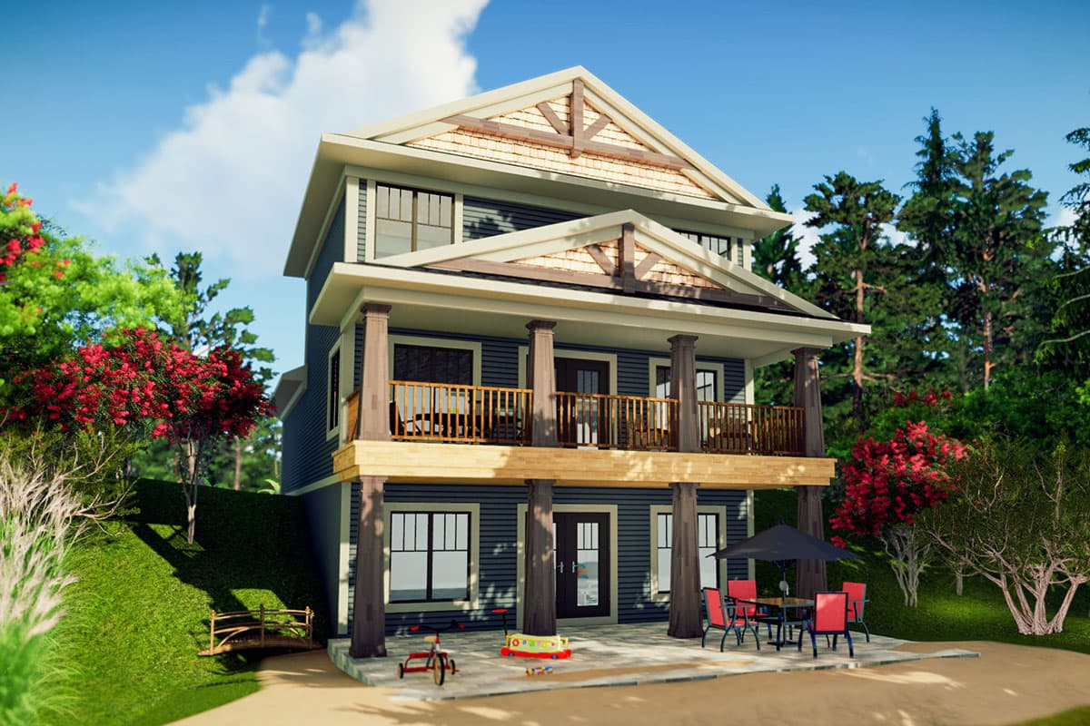 House plan exterior: two-story home with upper porch, exposed wood beam gables, and dark siding.