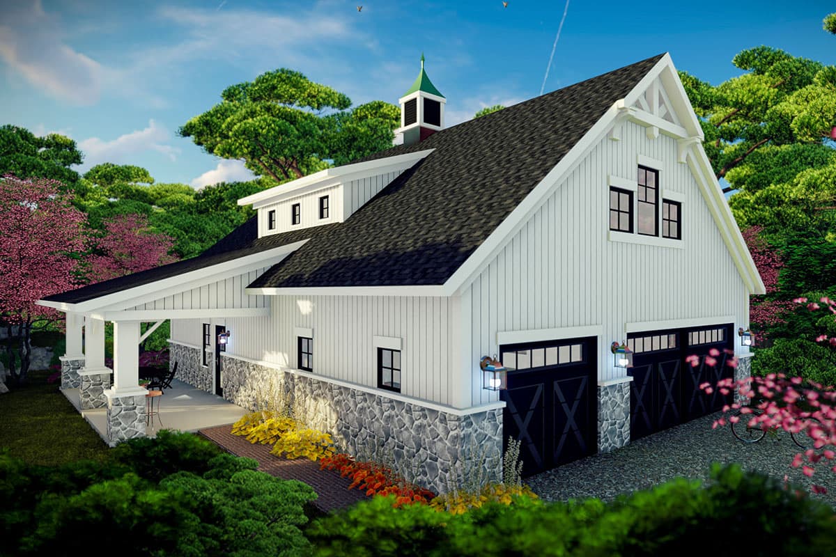 House plan exterior. Two-story Modern Farmhouse with gabled roof, stone accents, porch with pillars, and garage with carriage-style doors.