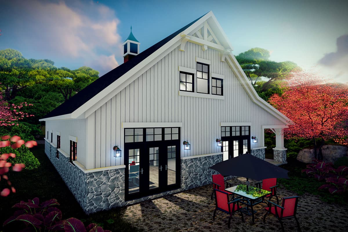 Modern farmhouse house plan exterior, two stories, board-and-batten siding, stone base, cupola, and gabled roof.