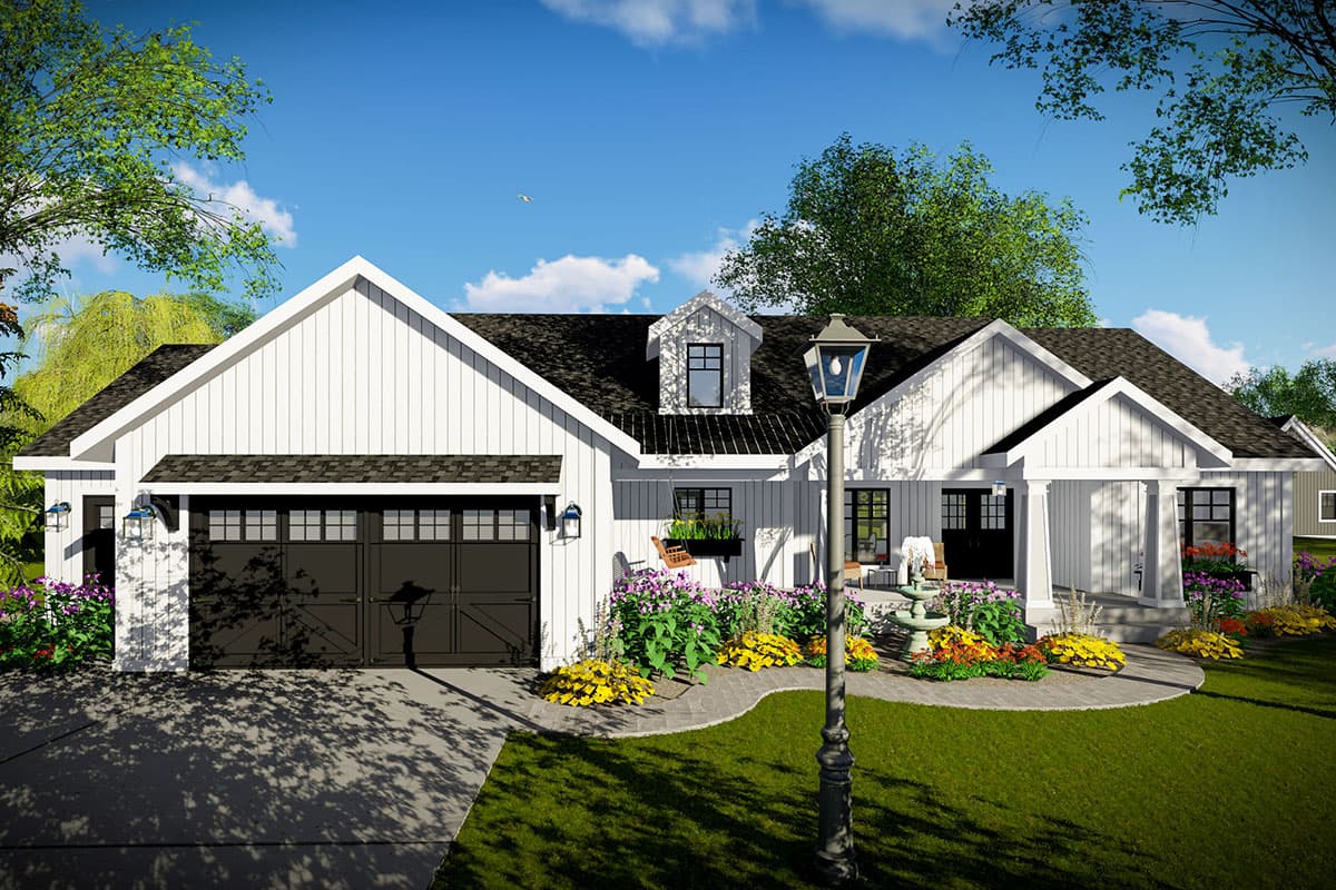 House plan exterior featuring a farmhouse style with gabled roof, dormer, and a covered porch. A two-car garage is visible.